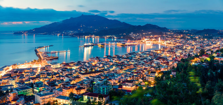 Aerial view of Zakynthos (Zante) town. Colorful spring morning on the Ionian Sea. Beautiful cityscape panorama of Greece city. Traveling concept background. Artistic style post processed photo.