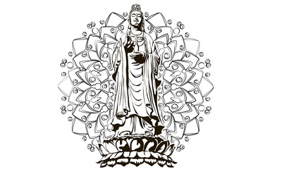 image of statue of the goddess guanine bodhisattva, the goddess of mercy vector illustration chinese guanyin flat style design
