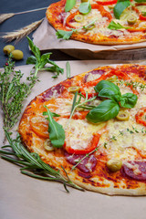 Delicious fresh pizza on dark