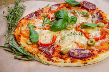 Delicious fresh pizza on dark