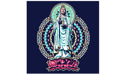 image of statue of the goddess guanine bodhisattva, the goddess of mercy vector illustration chinese guanyin flat style design
