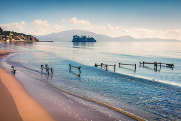 Sunny spring view of the Cameo Island. Picturesque morning scene in the Port Sostis, Zakynthos...