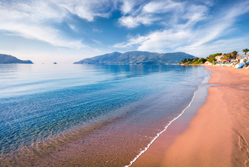 Peaceful morning view of beach of Zakynthos (Zante) island. Sunny spring seascape of the Ionian...