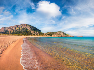 Colorful spring view of Voidokilia beach. Great morning scene on the Ionian Sea, Pilos town location, Greece, Europe. Beauty of nature concept background. Artistic style post processed photo.