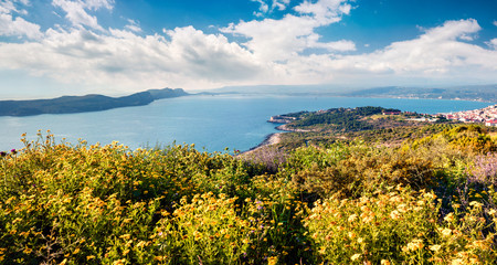 Fototapeta na wymiar Aerial morning view of Pilos town. Colorful spring scene of the Ionian Sea. Beautiful countryside panorama of Greece. Traveling concept background. Artistic style post processed photo.