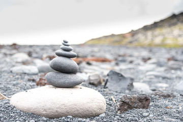 ship wrack old and rusty on a black sand beach in iceland with a stone man