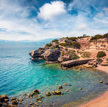 Sunny spring view of West Court of Heraion of Perachora, Limni Vouliagmenis location. Colorful morning seascape of Aegean sea, Greece, Europe. Traveling concept background.