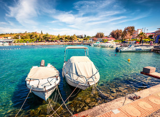 Wonderful spring scene of the Porto Rafti port. Sunny morning seascape of Aegean sea, Greece....