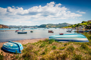 Bright spring view of the Nuevo Loca Beach. Sunny morning seascape of the Aegean sea, Palaia Fokaia location, Greece, Europe. Traveling concept background. Artistic style post processed photo.