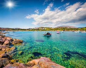 Splendid spring view of the Nuevo Loca Beach. Sunny morning seascape of the Aegean sea, Palaia...