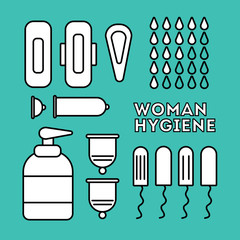 Flat icons. Feminine hygiene (sanitary napkin, tampon, menstrual cup, soap for intimate hygiene). vector illustration