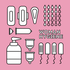 Flat icons. Feminine hygiene (sanitary napkin, tampon, menstrual cup, soap for intimate hygiene). vector illustration