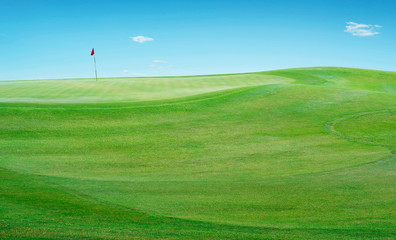 Beautiful perfect scenery view of Golf course green grass field .