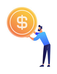 Businessman holding a huge dollar coin vector illustration