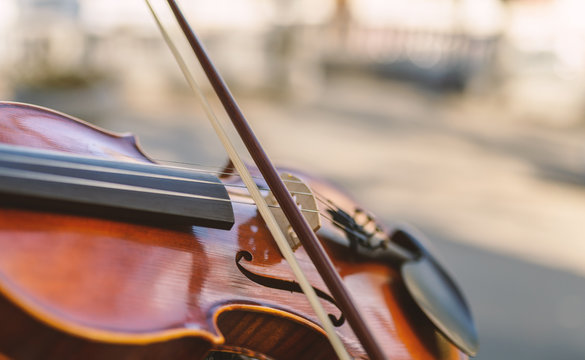 Detail of violin. Selective focus with shallow depth of field.