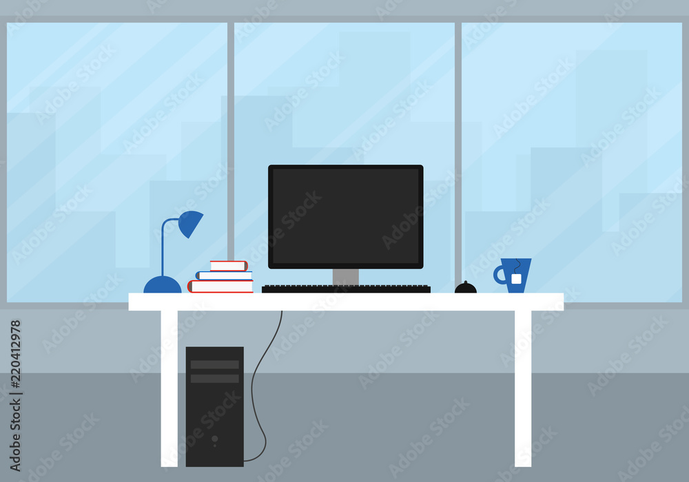 Poster office with a large window and city views. white desk with black computer, monitor and keyboard with