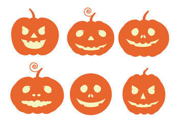 Set flat design illustration of pumpkins with carved face. Usable on Halloween card, vector isolated