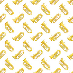 musical brass wind instrument tuba isolated on white background. Pattern.