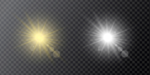 Set of light yellow and white effect reflector, star or sunlight with light rays, isolated on a transparent background