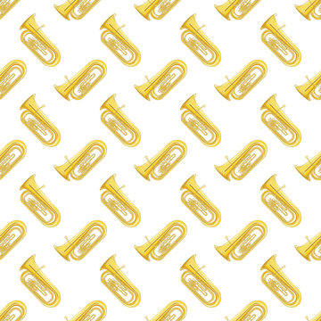 musical brass wind instrument tuba isolated on white background. Pattern.