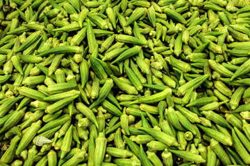 Heap of okra (okro / ochro) on food market in Cyprus.