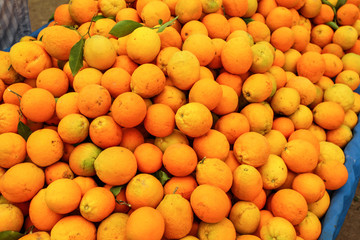 Pile of oranges displayed on food market.
