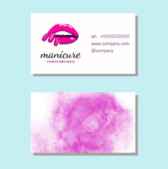 Business card with Beautiful girl lips with bright pink manicure nails. Beauty Business card, Logo, banner, poster. Vector