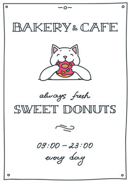 Bakery and cafe. Donut shop flyer template with happy cat enjoying donut. Can be used for invitation and promo. Vector illustration 8 EPS