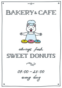 Bakery and cafe. Donut shop flyer template with cute cat baker. Can be used for invitation and promo. Vector illustration 8 EPS