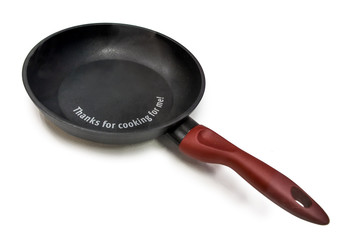 Frying pan, isolated on white background. Retro kitchen utensils, with inscription Thanks for cooking for me.