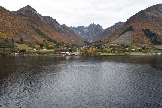 norwegian fjord with mountains and water, view from hurtigruten ship boat, norway, europe, urke city