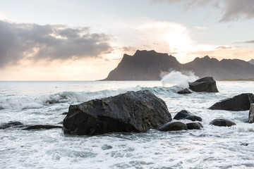 norwegian uttakleiv beach, short time exposure, sunset, white sand beach, norway, europe, lofots, lofoten