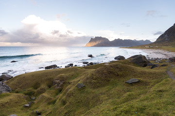 norwegian uttakleiv beach, long time exposure, sunset, white sand beach, norway, europe, lofots, lofoten