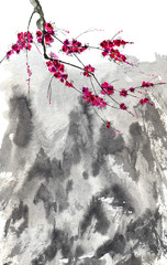 Mountain landscape in the fog and a branch of a blossoming tree.  Red stylized flowers of plum,  sakura . Watercolor and ink illustration in style sumi-e, u-sin. Oriental traditional painting.