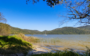 A view of Lagoa do Peri, shallow lagoon with clean water in the south of Florianopolis, Brazil
