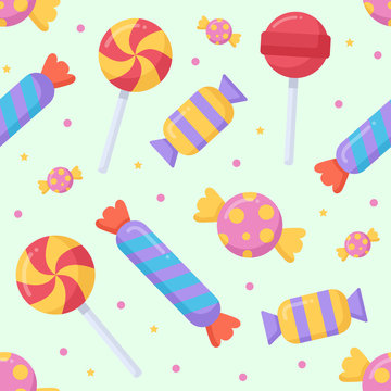 Cute Candy And Lolipop Seamless Pattern On A Light Background. Vector Illustration.