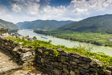 Spitz, Austria, View to Danube river from ruins of Hinterhaus castle.
