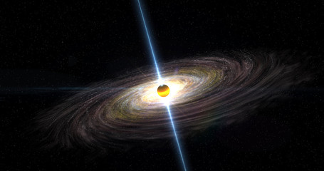 A black hole in space with gamma ray beams, ionised gas matter disk and gravity distortion in spacetime. As illustration or background. 3D rendering.