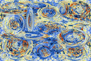 Abstract colorful pattern with unique texture. Space and galaxy theme. Fantasy waves, circles and ripple. Atmosphere of magic and motion. Oil painting on canvas and digital technology.