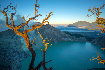 The famous landmark panoramic view in the morning at scenic of Kawah ijen, East Java, Indonesia.