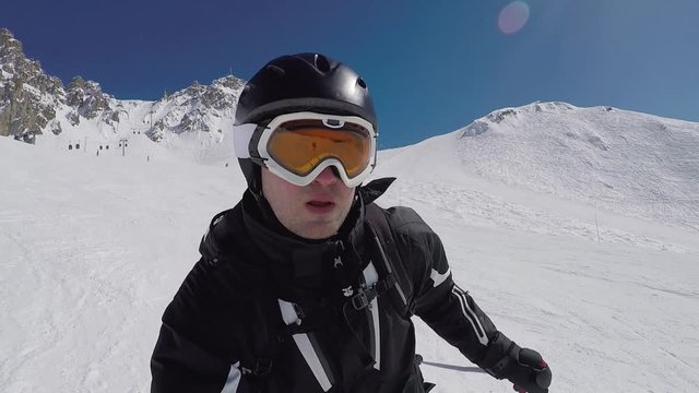 Selfie A Portrait Of A Skier Skiing In The Mountains In Winter