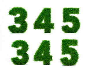 Number of grass alphabet. Grass numbers 3, 4, 5 isolated on white background. Symbol with the green lawn texture. 3D Render