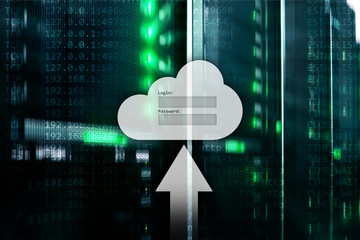 Cloud storage, data access, login and password request window on server room background. Internet...