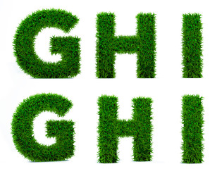 Fototapeta na wymiar Letter of grass alphabet. Grass letter G, H, I isolated on white background. Symbol with the green lawn texture. 3D Render
