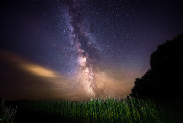 Milky way stacked with forrest an field, real colors, made in austrian upperaustria at night, stars...