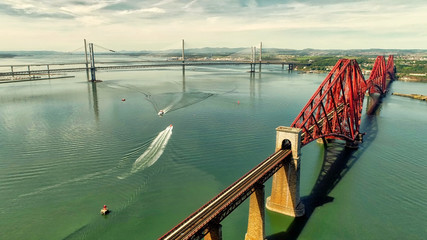 Aerial view of the Forth Railway Bridge near Edinburgh. A huge Victorian cantilever construction and now a World Heritage Site.