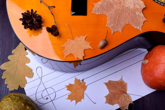Music autumn composition consisting of guitar, cones, dry leaves and musical staff