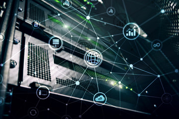 ICT - information and telecommunication technology and IOT - internet of things concepts. Diagrams with icons on server room backgrounds.