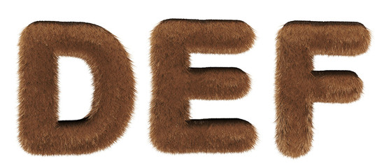 Alphabet fur - font 3d render - letters, D, E, F