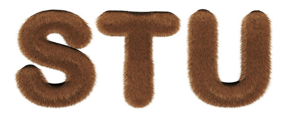 Alphabet fur - font 3d render - letter S, T, U